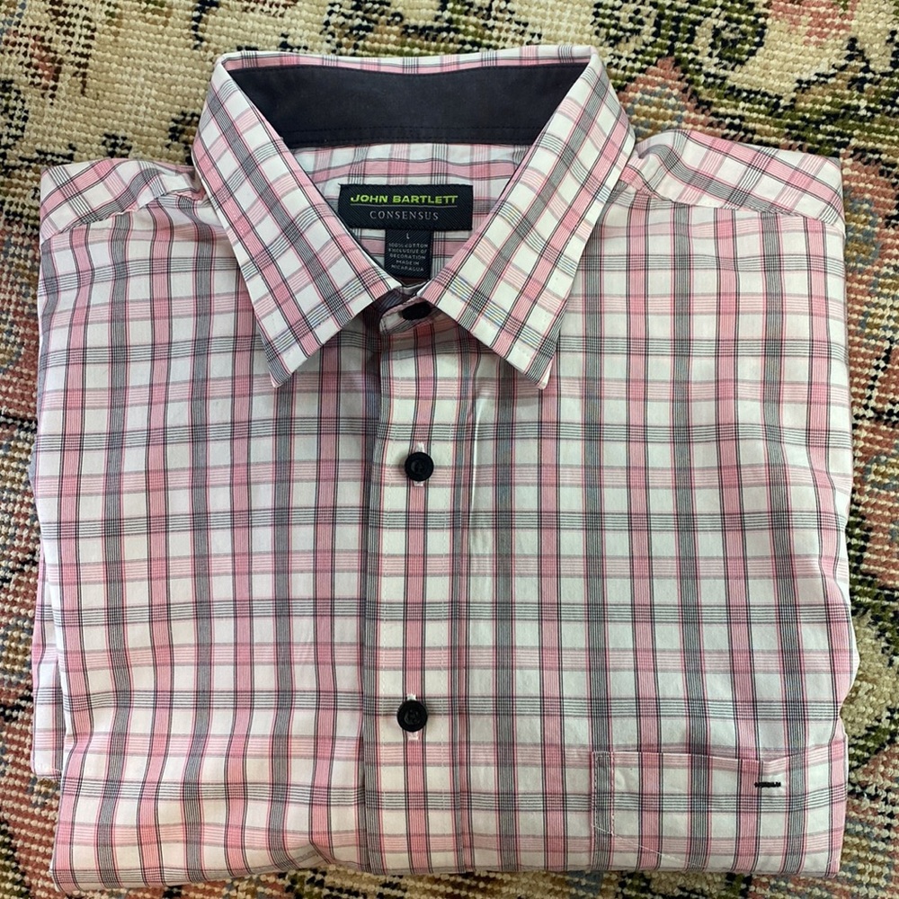 Mens John Bartlett Consensus L/S Check Button Down! PRISTINE! Pink/white/grey🎄